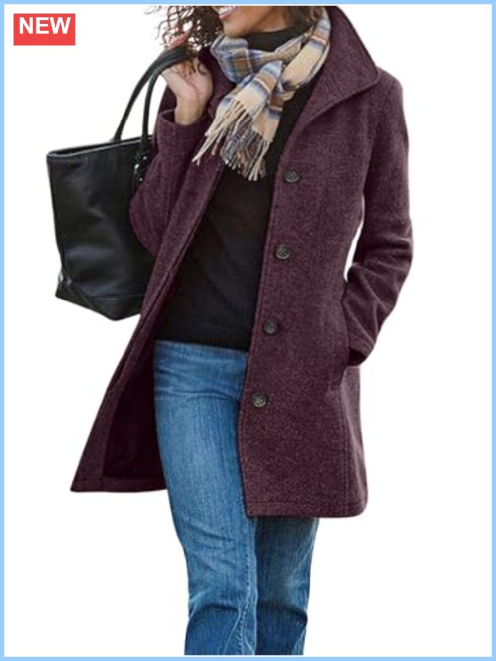 Women's Wool Blend Peacoat, Stand Collar, Single Breasted, Winter Coat